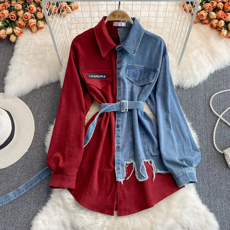 GETADME Women's Patchwork Khaki Shirts and Blouses Vintage Y2k 90s Aesthetic Korean 2000s Elegant Long Sleeve Shirt Clothes 2025 Autumn