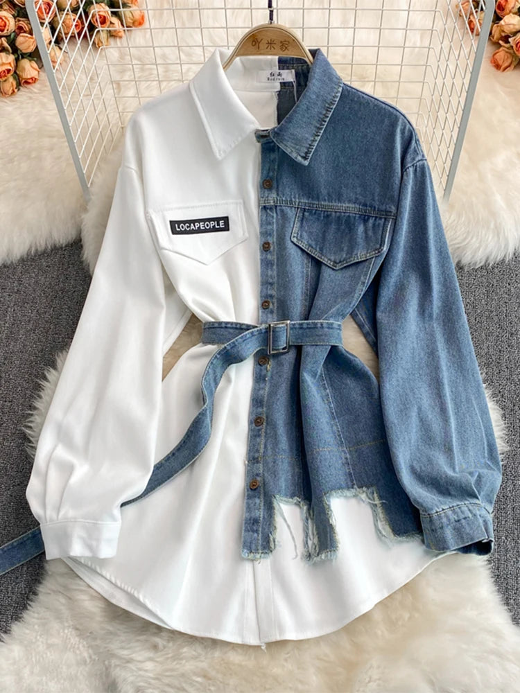 GETADME Women's Patchwork Khaki Shirts and Blouses Vintage Y2k 90s Aesthetic Korean 2000s Elegant Long Sleeve Shirt Clothes 2025 Autumn
