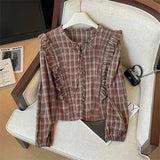 GETADME Women's Red Plaid Shirts and Blouses Y2k Aesthetic Vintage Korean Harajuku 2000s Elegant Long Sleeve O-Neck Shirt Trashy Clothes