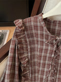 GETADME Women's Red Plaid Shirts and Blouses Y2k Aesthetic Vintage Korean Harajuku 2000s Elegant Long Sleeve O-Neck Shirt Trashy Clothes