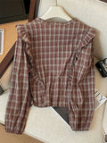 GETADME Women's Red Plaid Shirts and Blouses Y2k Aesthetic Vintage Korean Harajuku 2000s Elegant Long Sleeve O-Neck Shirt Trashy Clothes