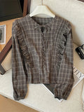 GETADME Women's Red Plaid Shirts and Blouses Y2k Aesthetic Vintage Korean Harajuku 2000s Elegant Long Sleeve O-Neck Shirt Trashy Clothes