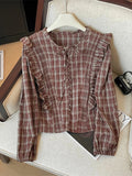 GETADME Women's Red Plaid Shirts and Blouses Y2k Aesthetic Vintage Korean Harajuku 2000s Elegant Long Sleeve O-Neck Shirt Trashy Clothes