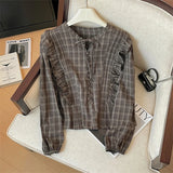 GETADME Women's Red Plaid Shirts and Blouses Y2k Aesthetic Vintage Korean Harajuku 2000s Elegant Long Sleeve O-Neck Shirt Trashy Clothes
