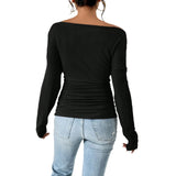 GETADME Women’s Sexy Slim Off Shoulder Top T-Shirt Casual Soft Solid Color Tunics Trendy Y2k Ladies Asymmetrical Long Sleeve Tee