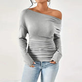 GETADME Women’s Sexy Slim Off Shoulder Top T-Shirt Casual Soft Solid Color Tunics Trendy Y2k Ladies Asymmetrical Long Sleeve Tee