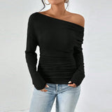 GETADME Women’s Sexy Slim Off Shoulder Top T-Shirt Casual Soft Solid Color Tunics Trendy Y2k Ladies Asymmetrical Long Sleeve Tee