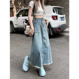 GETADME Women's Tassel Denim Long Skirts, Vintage Pocket, A-line Jeans Skirt, High Waist, Women's Fashion, Spring, S-5XL