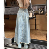 GETADME Women's Tassel Denim Long Skirts, Vintage Pocket, A-line Jeans Skirt, High Waist, Women's Fashion, Spring, S-5XL