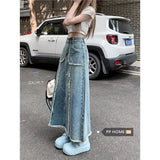 GETADME Women's Tassel Denim Long Skirts, Vintage Pocket, A-line Jeans Skirt, High Waist, Women's Fashion, Spring, S-5XL