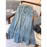 GETADME Women's Tassel Denim Long Skirts, Vintage Pocket, A-line Jeans Skirt, High Waist, Women's Fashion, Spring, S-5XL