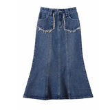 GETADME Women's Tassel Denim Long Skirts, Vintage Pocket, A-line Jeans Skirt, High Waist, Women's Fashion, Spring, S-5XL