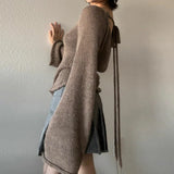 Pulls en maille dos nu à nouer pour femmes GETADME, manches longues, col bateau, style coréen vintage Y2K, automne