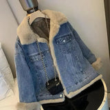 GETADME Women's Vintage Denim Jacket Thickened Fleece Lining Casual Loose Fit Autumn Winter New Style Lamb Wool Parka Coat