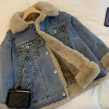 GETADME Women's Vintage Denim Jacket Thickened Fleece Lining Casual Loose Fit Autumn Winter New Style Lamb Wool Parka Coat