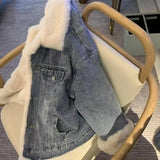 GETADME Women's Vintage Denim Jacket Thickened Fleece Lining Casual Loose Fit Autumn Winter New Style Lamb Wool Parka Coat