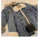 GETADME Women's Vintage Denim Jacket Thickened Fleece Lining Casual Loose Fit Autumn Winter New Style Lamb Wool Parka Coat