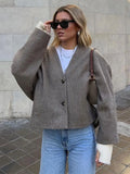 GETADME Women's Woolen Coats Loose Casual Retro Double Breasted Stand Collar Short Jacket Office Lady Outerwear Autumn Winter 2024