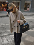 GETADME Women's Woolen Coats Loose Casual Retro Double Breasted Stand Collar Short Jacket Office Lady Outerwear Autumn Winter 2024