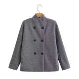 GETADME Women's Woolen Coats Loose Casual Retro Double Breasted Stand Collar Short Jacket Office Lady Outerwear Autumn Winter 2024