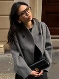 GETADME Women's Woolen Coats Loose Casual Retro Double Breasted Stand Collar Short Jacket Office Lady Outerwear Autumn Winter 2024