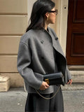 GETADME Women's Woolen Coats Loose Casual Retro Double Breasted Stand Collar Short Jacket Office Lady Outerwear Autumn Winter 2024