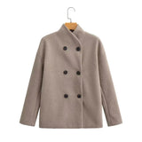 GETADME Women's Woolen Coats Loose Casual Retro Double Breasted Stand Collar Short Jacket Office Lady Outerwear Autumn Winter 2024
