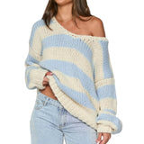 GETADME Women's Y2K Retro Fall Striped Contrast Color Sweaters Drop Shoulder Long Sleeve V-Neck Loose Fit Knitted Pullover Tops