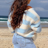 GETADME Women's Y2K Retro Fall Striped Contrast Color Sweaters Drop Shoulder Long Sleeve V-Neck Loose Fit Knitted Pullover Tops