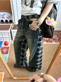 GETADME Women's Y2k Baggy Jeans Harajuku Japanese 2000s Style Oversize Patchwork Plaid Denim Trousers Vintage Jean Pants Trashy Clothes