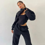 GETADME Women's casual sweatpants set 2025 autumn and winter new belted hooded short hoodie corset of three-piece trousers