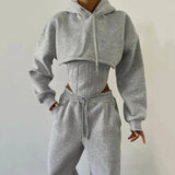 GETADME Women's casual sweatpants set 2025 autumn and winter new belted hooded short hoodie corset of three-piece trousers
