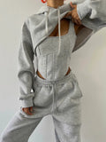 GETADME Women's casual sweatpants set 2025 autumn and winter new belted hooded short hoodie corset of three-piece trousers