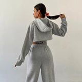 GETADME Women's casual sweatpants set 2025 autumn and winter new belted hooded short hoodie corset of three-piece trousers
