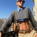 GETADME Womens Chunky Cable Knitted Crochet Sweater Y2k Crop Tops Long Sleeve T-Shirts Teen Summer Clothes Streetwear
