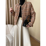 GETADME Wool Blended Woven Tweed Plaid Women Coat Small Fragrance High Quality O Neck Casual Orange French Female Jacket Autumn Winter