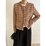 GETADME Wool Blended Woven Tweed Plaid Women Coat Small Fragrance High Quality O Neck Casual Orange French Female Jacket Autumn Winter