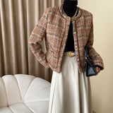 GETADME Wool Blended Woven Tweed Plaid Women Coat Small Fragrance High Quality O Neck Casual Orange French Female Jacket Autumn Winter