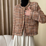 GETADME Wool Blended Woven Tweed Plaid Women Coat Small Fragrance High Quality O Neck Casual Orange French Female Jacket Autumn Winter