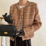 GETADME Wool Blended Woven Tweed Plaid Women Coat Small Fragrance High Quality O Neck Casual Orange French Female Jacket Autumn Winter