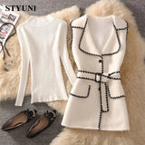 GETADME Woolen Vintage Turn-Down Collar High Waist With Belt Dresses Knitted Sweaters Pullover Two-piece Set Womens Dress Suit 2025