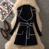 GETADME Woolen Vintage Turn-Down Collar High Waist With Belt Dresses Knitted Sweaters Pullover Two-piece Set Womens Dress Suit 2025