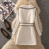 GETADME Woolen Vintage Turn-Down Collar High Waist With Belt Dresses Knitted Sweaters Pullover Two-piece Set Womens Dress Suit 2025