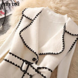 GETADME Woolen Vintage Turn-Down Collar High Waist With Belt Dresses Knitted Sweaters Pullover Two-piece Set Womens Dress Suit 2025