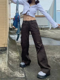 GETADME Y2K Aesthetic Brown Spliced Flare Jeans Women High Waist Streetwear Cargo Jean Pants Vintage Denim Trousers Grunge Pantalones