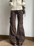 GETADME Y2K Aesthetic Brown Spliced Flare Jeans Women High Waist Streetwear Cargo Jean Pants Vintage Denim Trousers Grunge Pantalones
