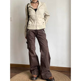 GETADME Y2K Aesthetic Brown Spliced Flare Jeans Women High Waist Streetwear Cargo Jean Pants Vintage Denim Trousers Grunge Pantalones