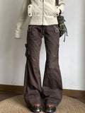 GETADME Y2K Aesthetic Brown Spliced Flare Jeans Women High Waist Streetwear Cargo Jean Pants Vintage Denim Trousers Grunge Pantalones