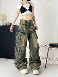GETADME Y2K American Retro Multi-pocket Overalls Jeans Women New High Street High Waist Loose Straight Tube Slim and Wide Leg Mop Pants