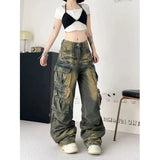 GETADME Y2K American Retro Multi-pocket Overalls Jeans Women New High Street High Waist Loose Straight Tube Slim and Wide Leg Mop Pants